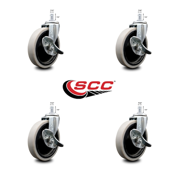 5 Inch Thermoplastic Wheel 7/8 Inch Grip Ring Stem Caster with Brakes, 4PK